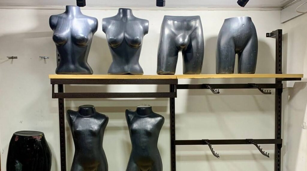 Torsos y bustos en acabado negro sobre entrepaños metálicos